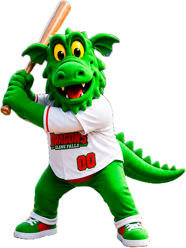 Cooper the Dragon, the Glens Falls Dragons mascot, in a home jersey winding up with a baseball bat