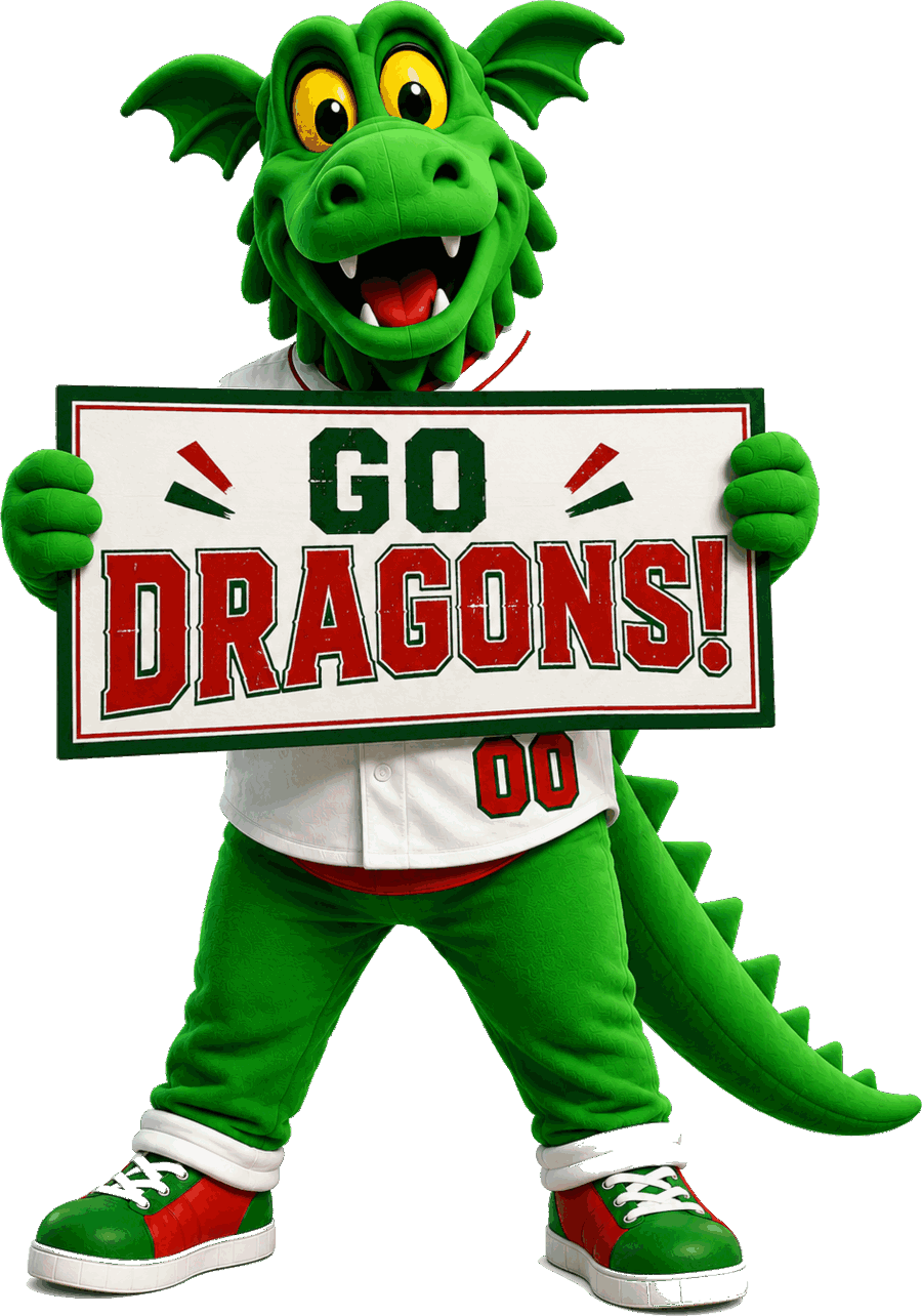 Cooper the Dragon holding a Go Dragons sign