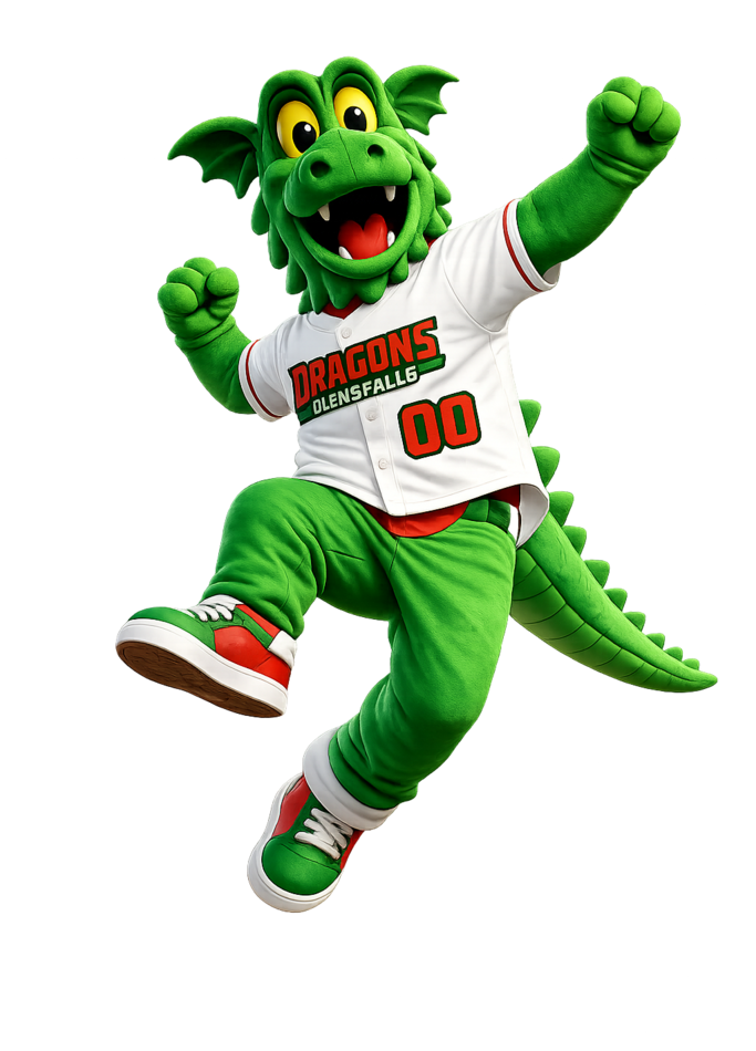 Cooper the Dragon, the Glens Falls Dragons mascot, leaping and cheering